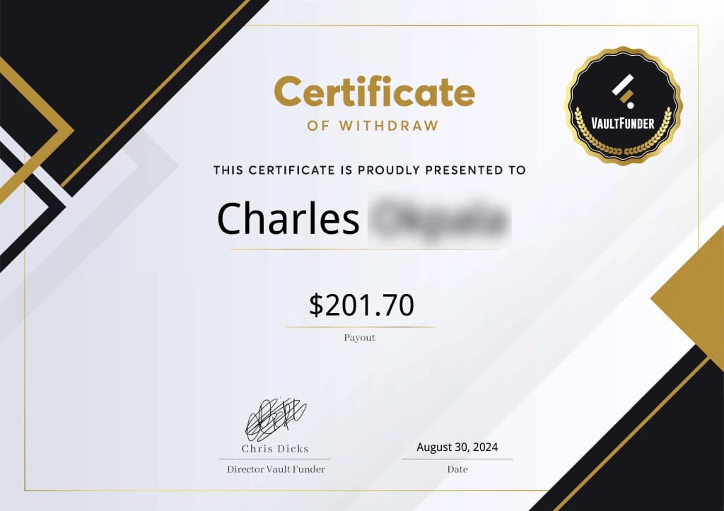 VaultFunder funded trader certificate 6